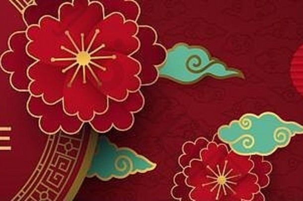 中国人一年传统的红色的网络横幅插图传统的亚洲装饰花黄金分层纸书法象征