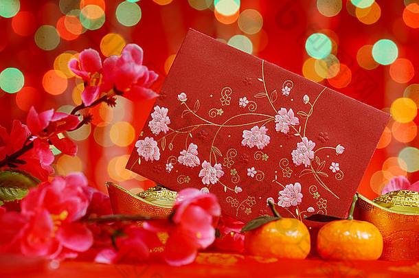 <strong>中国</strong>人一年节日装饰红色的包普通话橙色李子开花红色的闪闪发光的背景