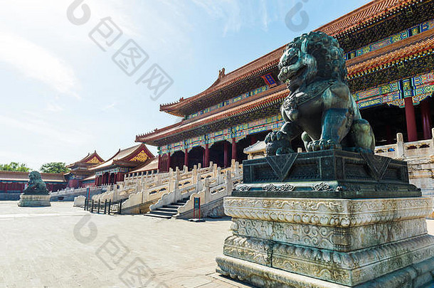 青铜狮子前面大厅最高和谐北京被禁止的城市