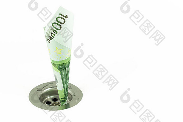 几百欧元比尔扭曲的插入洞水槽排水概念钱金融问题