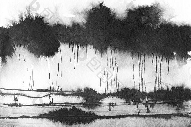 摘要景观墨水手画插图黑色的白色墨水冬天景观河简约手画