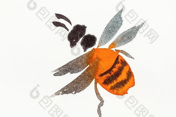 橙色蜜蜂手绘水彩画其纸澄江水波谷风格