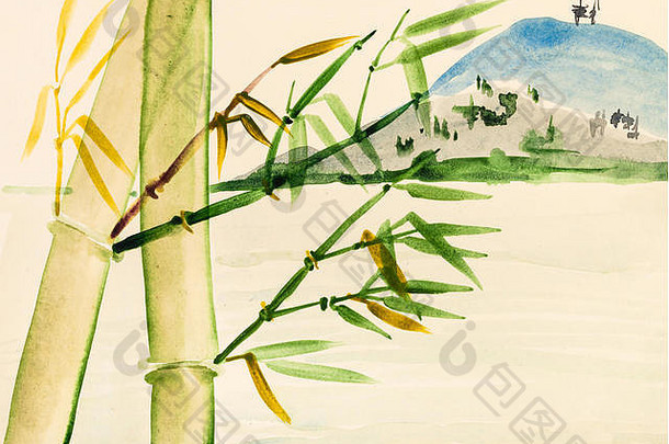 培训画水波谷澄江风格水彩油漆竹子格罗夫视图山手画奶油彩色的纸
