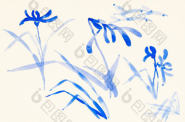 培训画水波谷风格水彩油漆草图蓝色的花象牙彩色的纸
