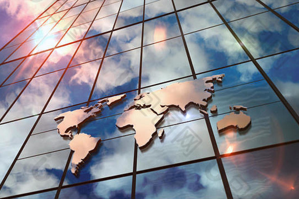 世界地图标志玻璃摩天大楼天空太阳射线镜像建筑外观全球化业务市场贸易金融概念任