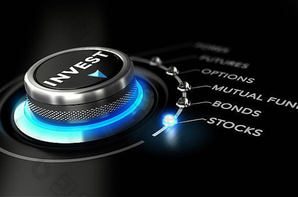 开关按钮定位词股票黑色的背景蓝色的光概念上的图像插图投资str