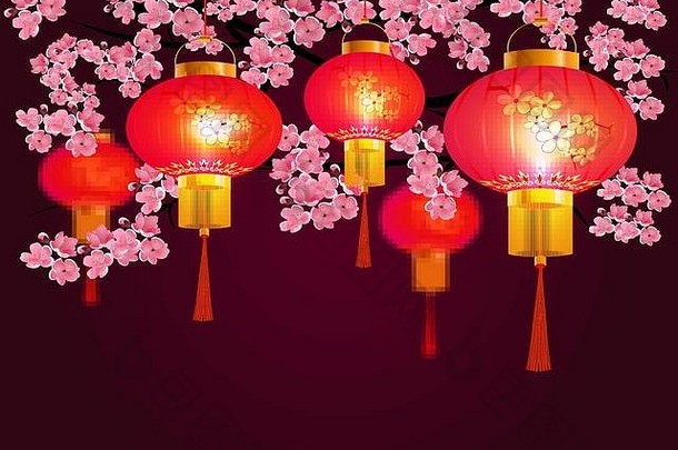 红色的中国人灯笼挂公园樱花轮形状模式背景粉红色的樱桃花朵插图