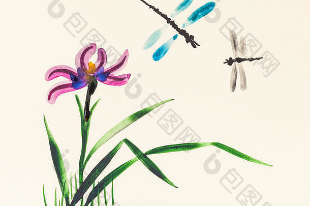 培训画水波谷风格水彩油漆蜻蜓虹膜花草地夏天象牙彩色的纸