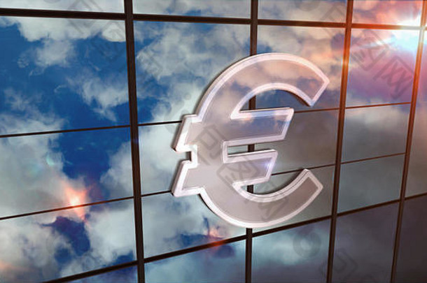欧元象征货币玻璃摩天大楼天空太阳射线镜像建筑外观金融欧洲联盟银行钱概念渠
