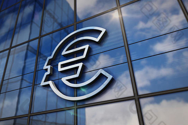 欧元货币象征玻璃建筑镜像天空城市现代外观金融欧洲联盟银行钱标志概念呈现