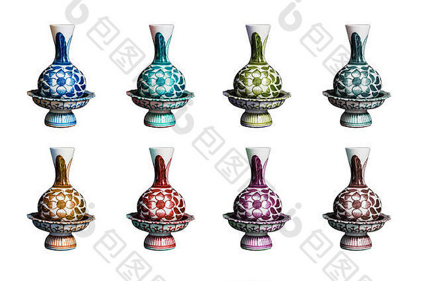 集合集色彩鲜艳的基座托盘花花瓶中国货中国人瓷isoltaed白色背景