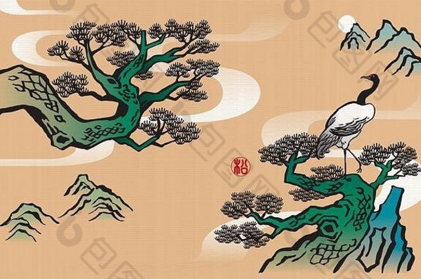 优雅的中国人墨水刷风格松树画