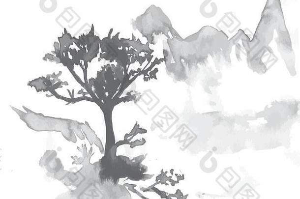 黑色的白色睫毛膏插图中国人山树