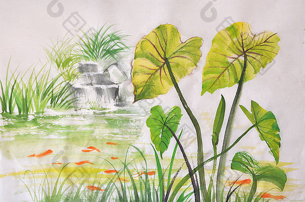 水彩绘画绿色莲花叶子池塘红色的鱼亚洲风格原始艺术