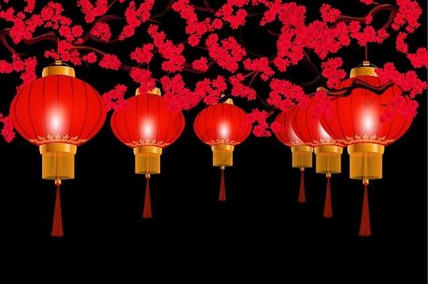 中国人一年公园挂红色的中国人灯笼轮形式背景盛开的红色的樱桃插图