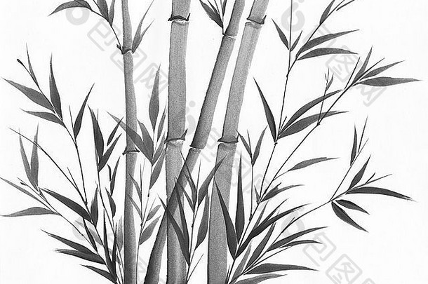 原始艺术水彩绘画竹子亚洲风格绘画