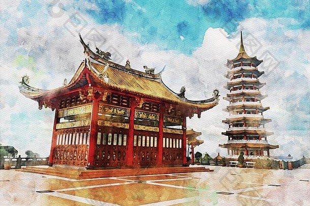 水彩红色的中国人宝塔寺庙高山山多云的天空卡梅隆高地马来西亚