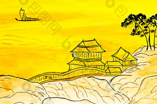 手画图片水彩画传统中国人艺术景观黄色的颜色房子岩石
