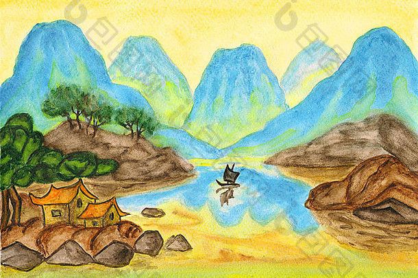 手画图片水彩画传统古老的中国人艺术景观蓝色的山黄色的天空