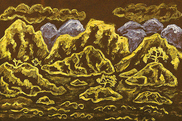 景观山传统中国人艺术手画图片金银水粉画