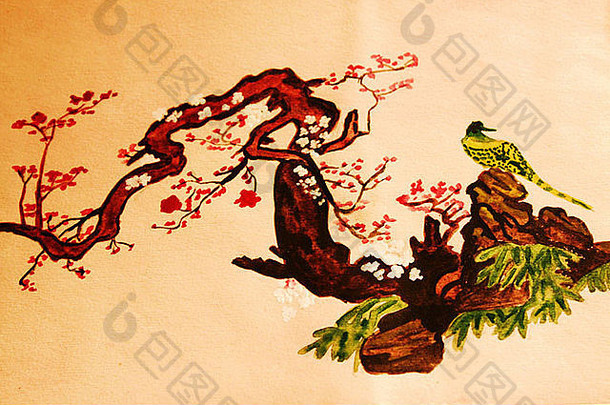 手画图片水彩画传统中国人绘画鸟分支开花花