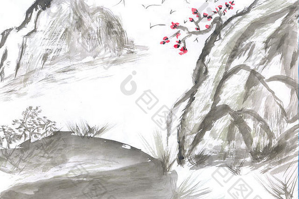 传统的中国人绘画高山景观单色语气