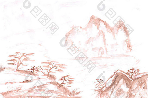 传统的中国人绘画高山景观单色语气