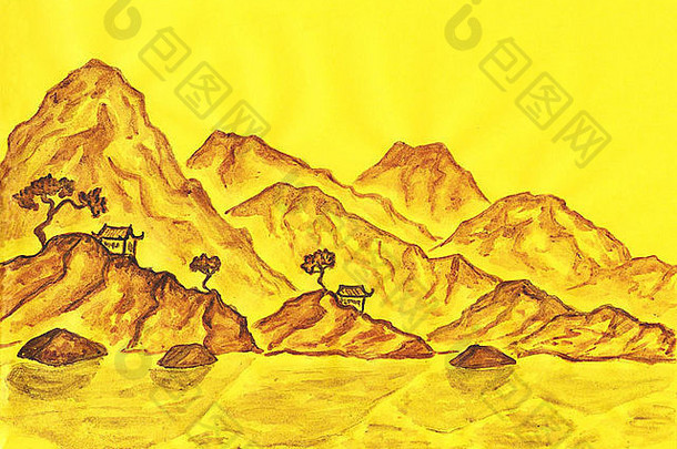 景观中国人风格棕色（的）山黄色的背景手画图片水彩画