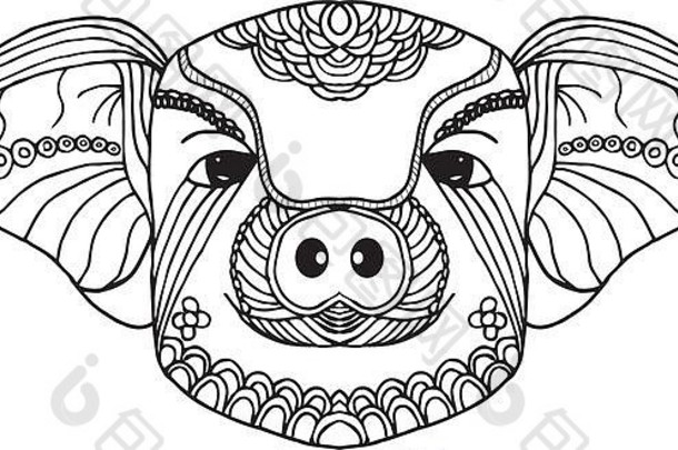 猪星座行艺术手画动物概念黑色的白色绘画vecture插图图形设计元素标志象征主题