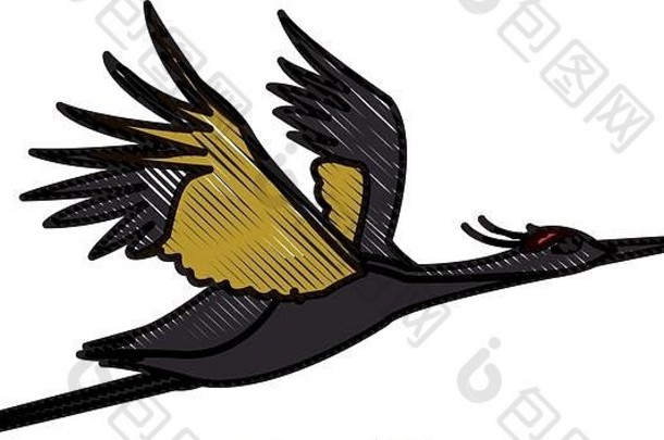 画日本传统的鸟起重机羽毛飞行