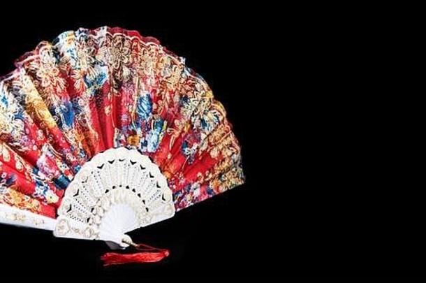 弗拉曼柯舞手球迷色彩斑斓的花模式孤立的黑色的背景西班牙语中国人影响复制空间