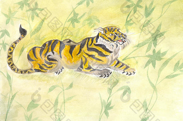 老虎日本中国人自然插图传统的变形色彩斑斓的水彩