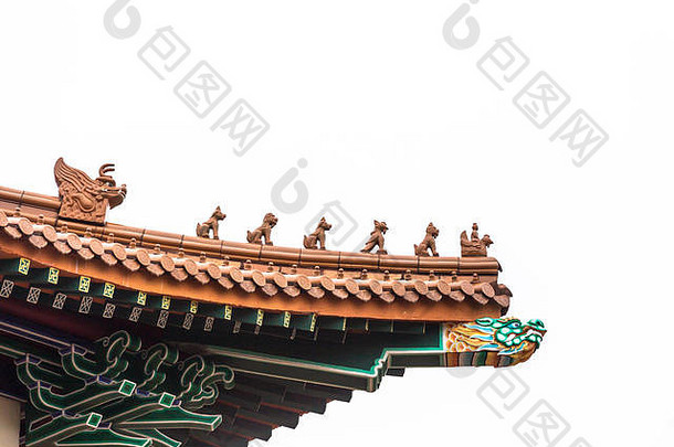 常见的详细的中国人木屋顶前设计绿色橙色瓷砖