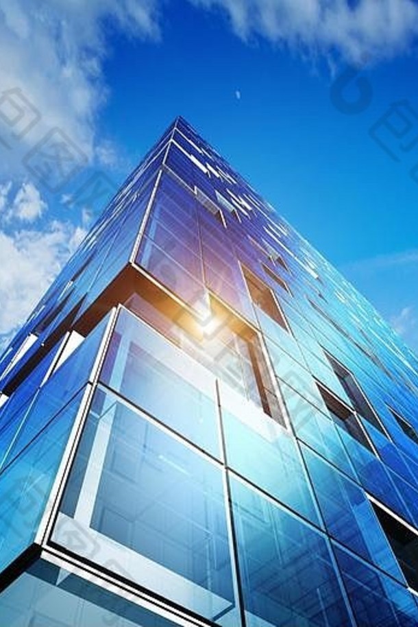 天际线蓝色的天空云反射玻璃<strong>建筑</strong>直接视图现代金体系结构