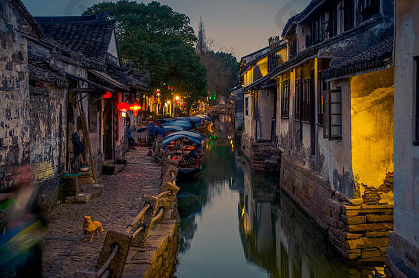 上海中国美丽的晚上光创建魔法情绪内部周庄水小镇古老的城市区渠道建筑迷人的受欢迎的旅游区域