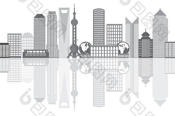 上海中国城市天际线大纲轮廓灰度反射孤立的白色背景插图