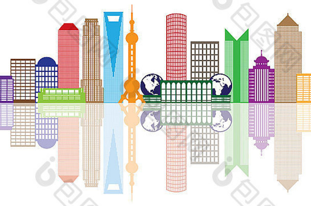 上海中国城市天际线大纲轮廓颜色反射孤立的白色背景插图