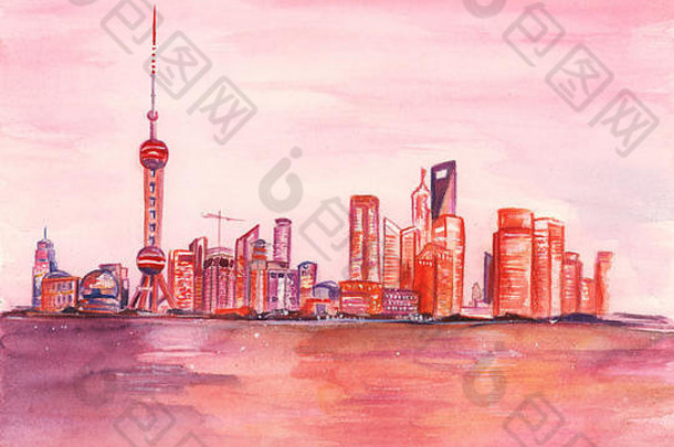 插图画水彩油漆行地平线摩天大楼城市上海中国