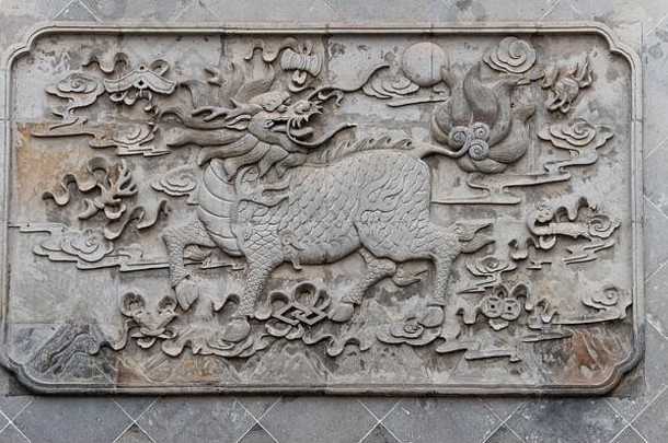 石头麒麟麒麟雕像chenghuang寺庙上海中国神话臌胀空想的生物中国人东亚洲文化