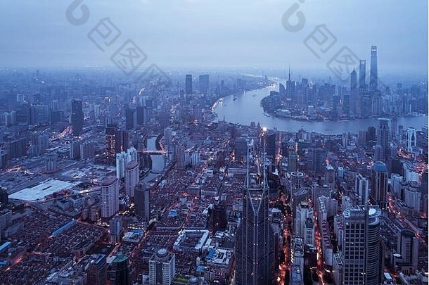 空中视图lujiazui上海城市黎明