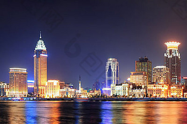 上海历史体系结构全景晚上基斯灯黄埔河