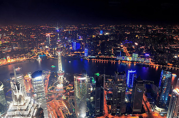 <strong>上海</strong>城市空中视图晚上灯城市体系结构