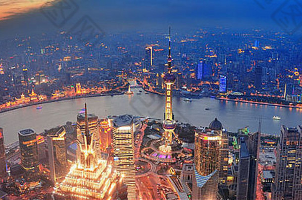 上海日落空中视图城市体系结构河