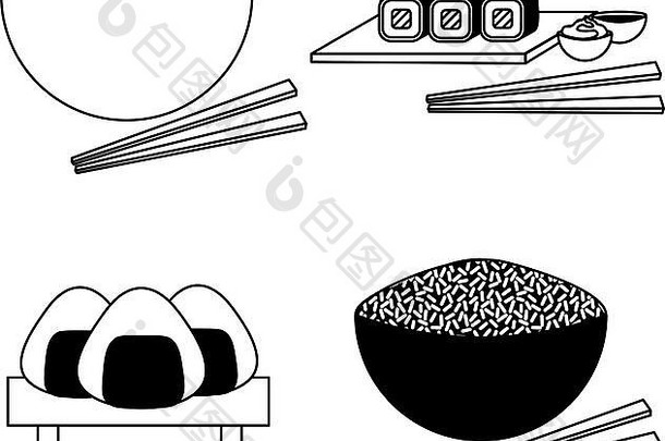黑色的白色插图日本厨房菜筷子