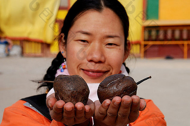 中国人女人持有青海传统的fruit-old梨
