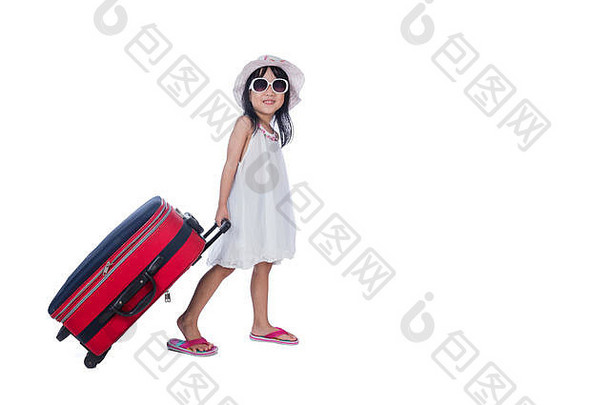 快乐亚洲中国人女孩手提箱孤立的白色背景