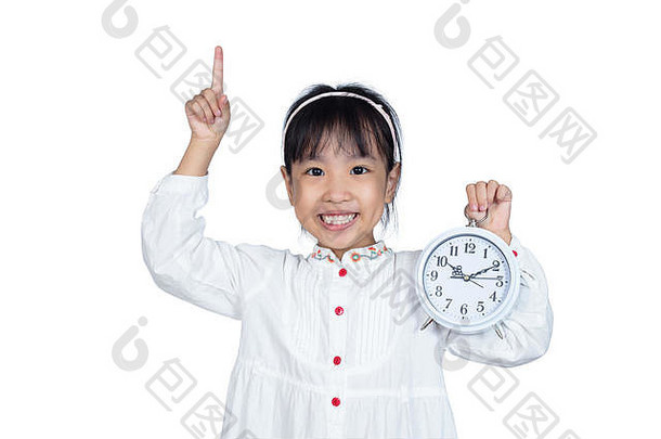 亚洲中国人女孩持有报警时钟孤立的白色背景