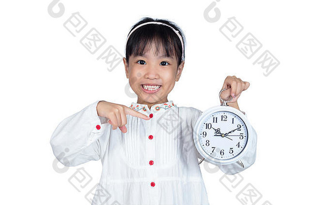 亚洲中国人女孩持有报警时钟孤立的白色背景