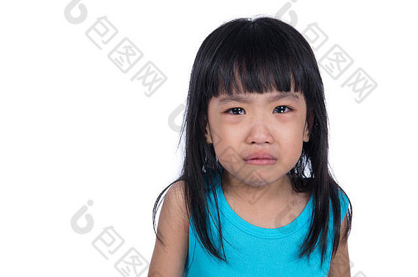 哭亚洲中国人女孩孤立的白色背景