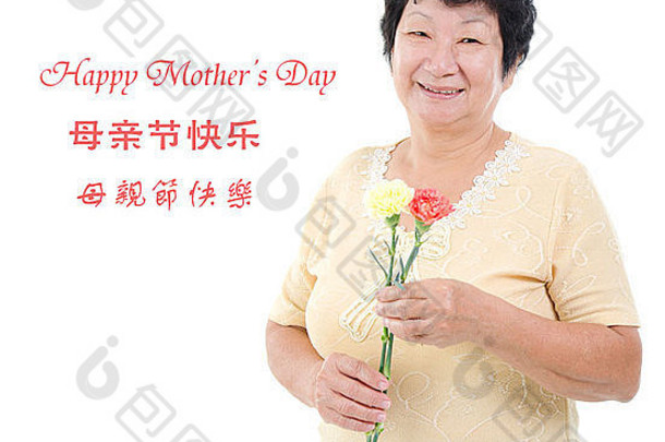 快乐母亲的一天概念亚洲高级妈妈。持有康乃馨花字符中国人写作意味着快乐母亲一天